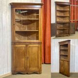 19th-century English corner cabinet in oak, mahogany, and fir.