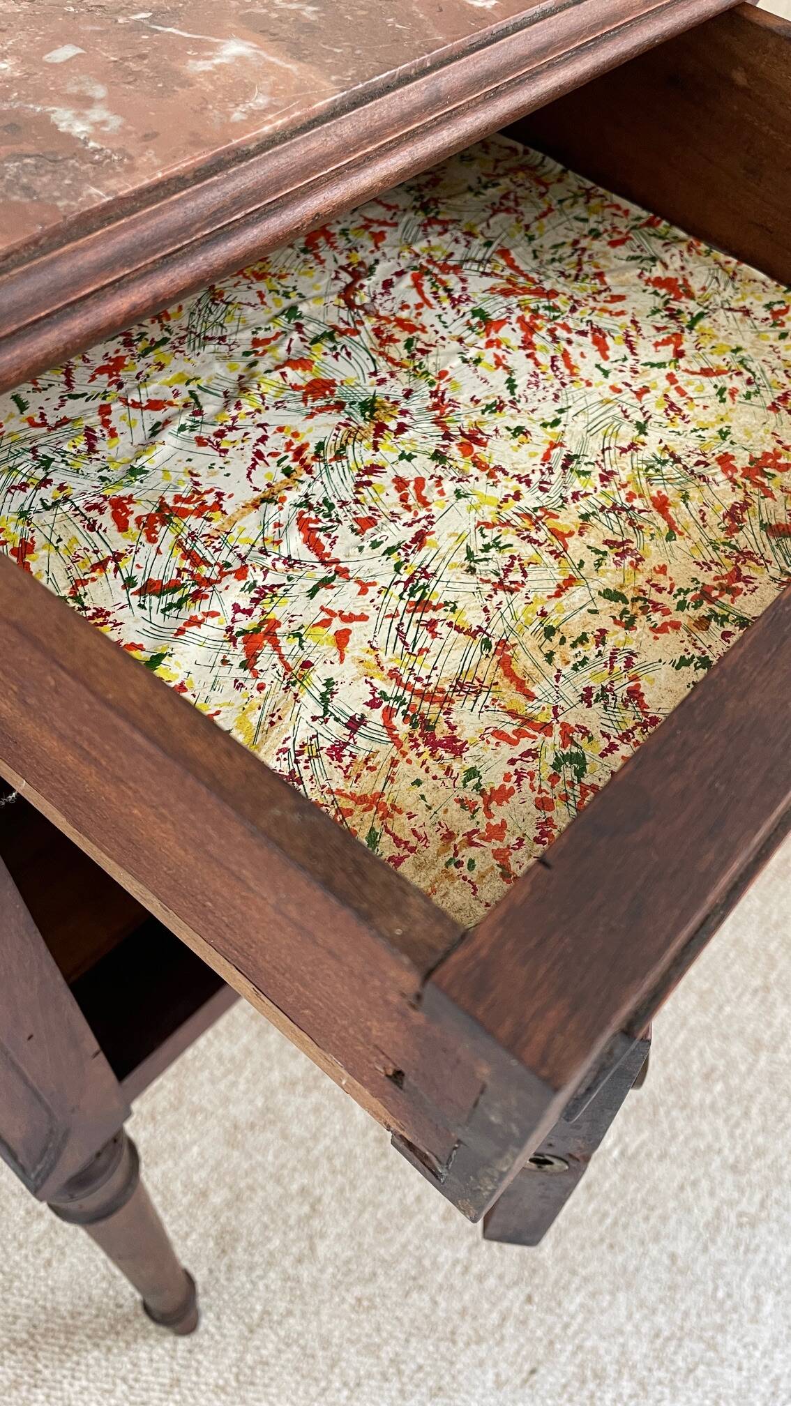 Antique bedside table in wood and marble
