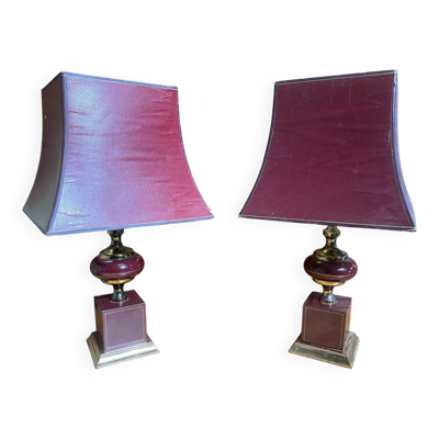 Paire ancienne lampe maison le dauphin laqué bordeaux + abat-jour vint