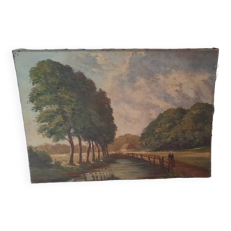 Old oil painting countryside scene