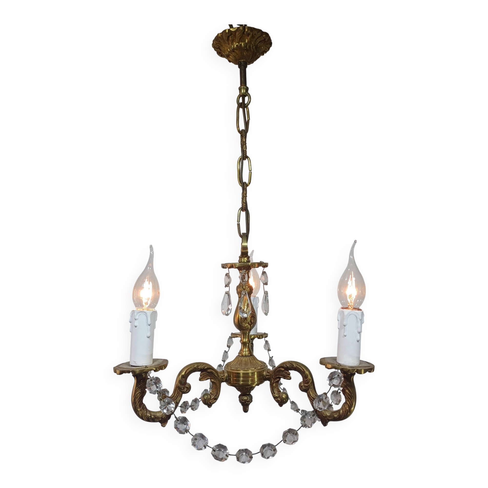 3-light bronze and crystal chandelier