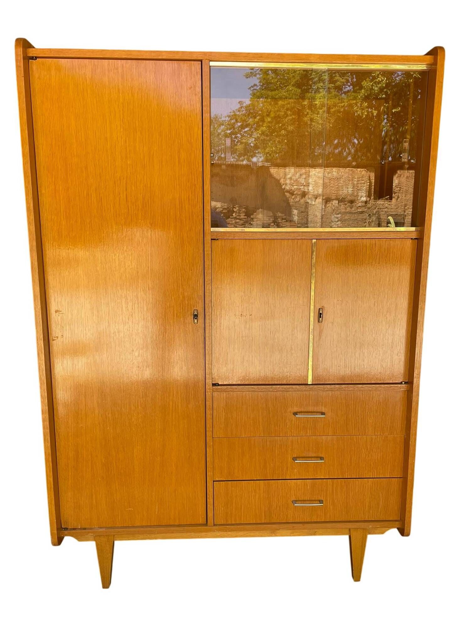 Large wardrobe / Vintage 1960s / 1970s wardrobe with glass doors & drawers