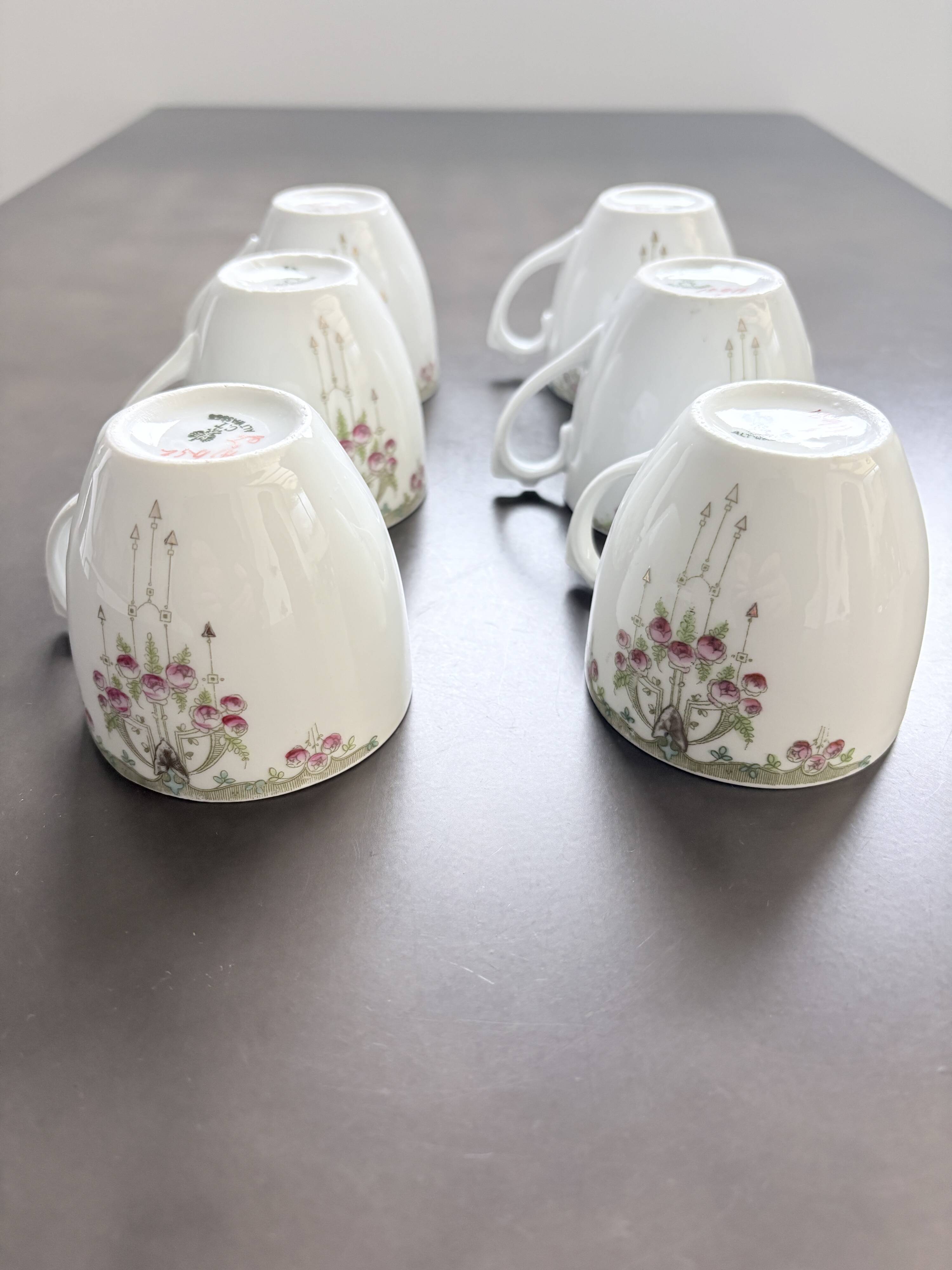 Service of 6 Fine Porcelain Cups with Art Nouveau Rose Decoration