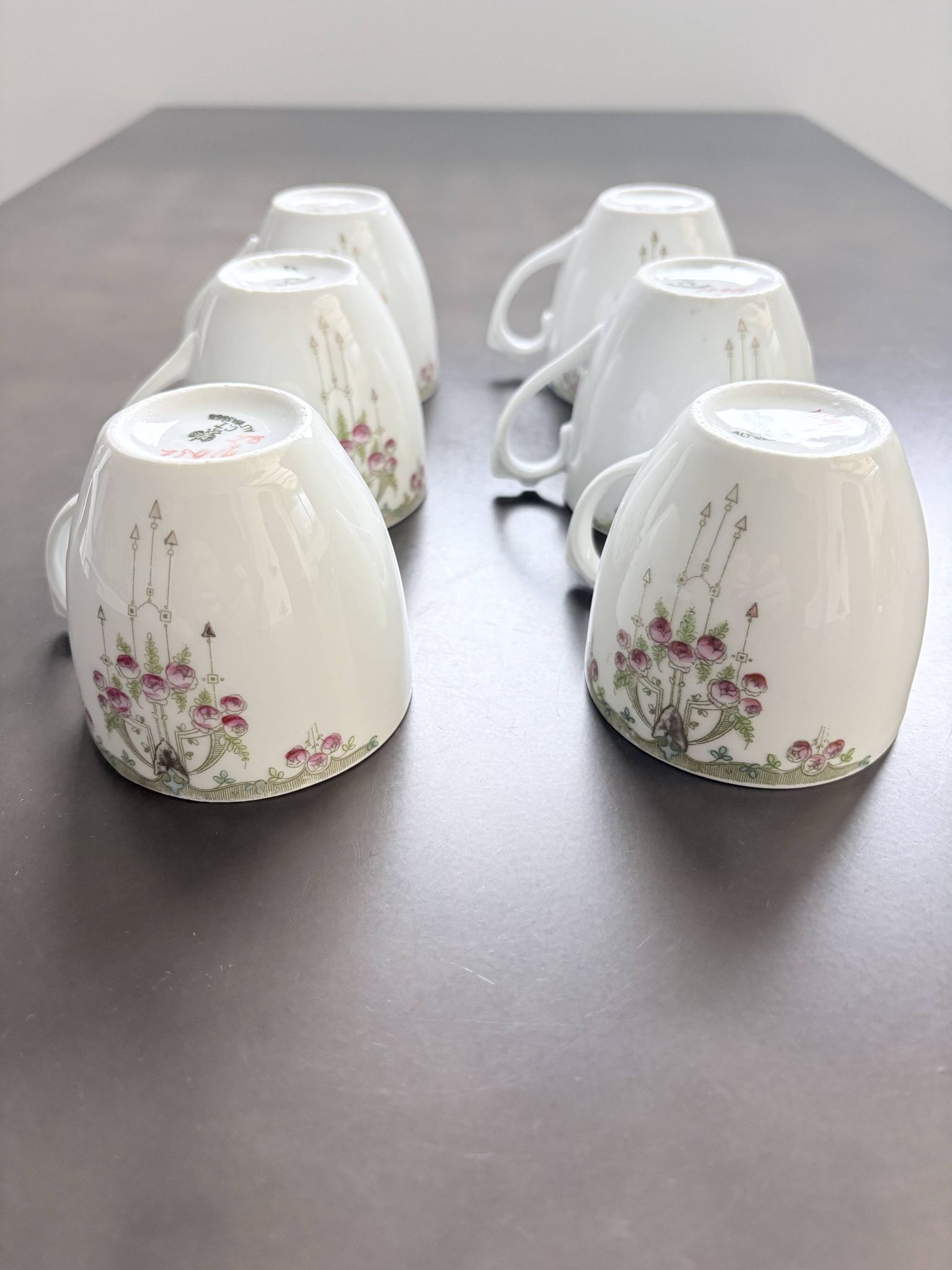 Service of 6 Fine Porcelain Cups with Art Nouveau Rose Decoration
