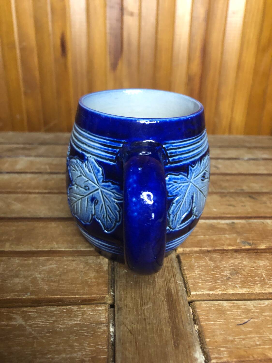 Old BETSCHDORF Tankard Gray Blue Stoneware Vintage Leaves Decor #A603