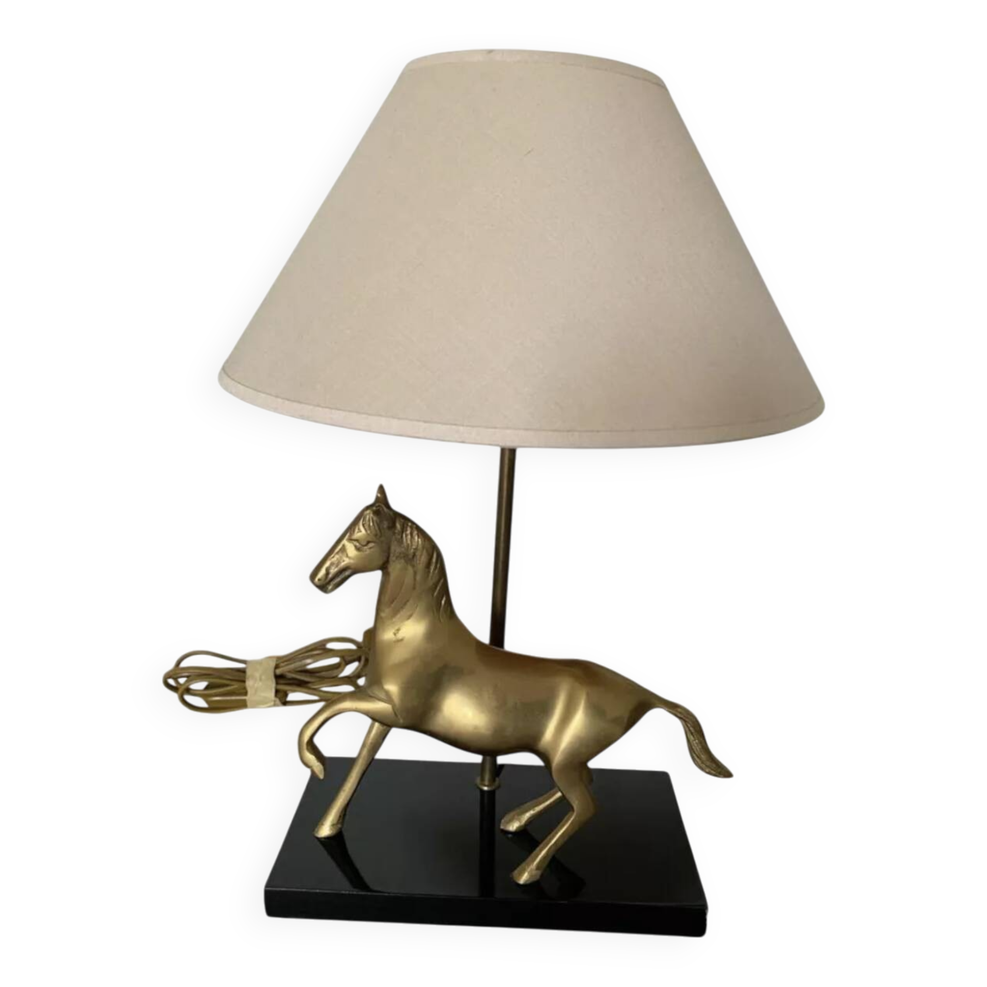 Lampe "Cheval" en laiton et socle bois