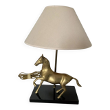 Lampe "Cheval" en laiton et socle bois