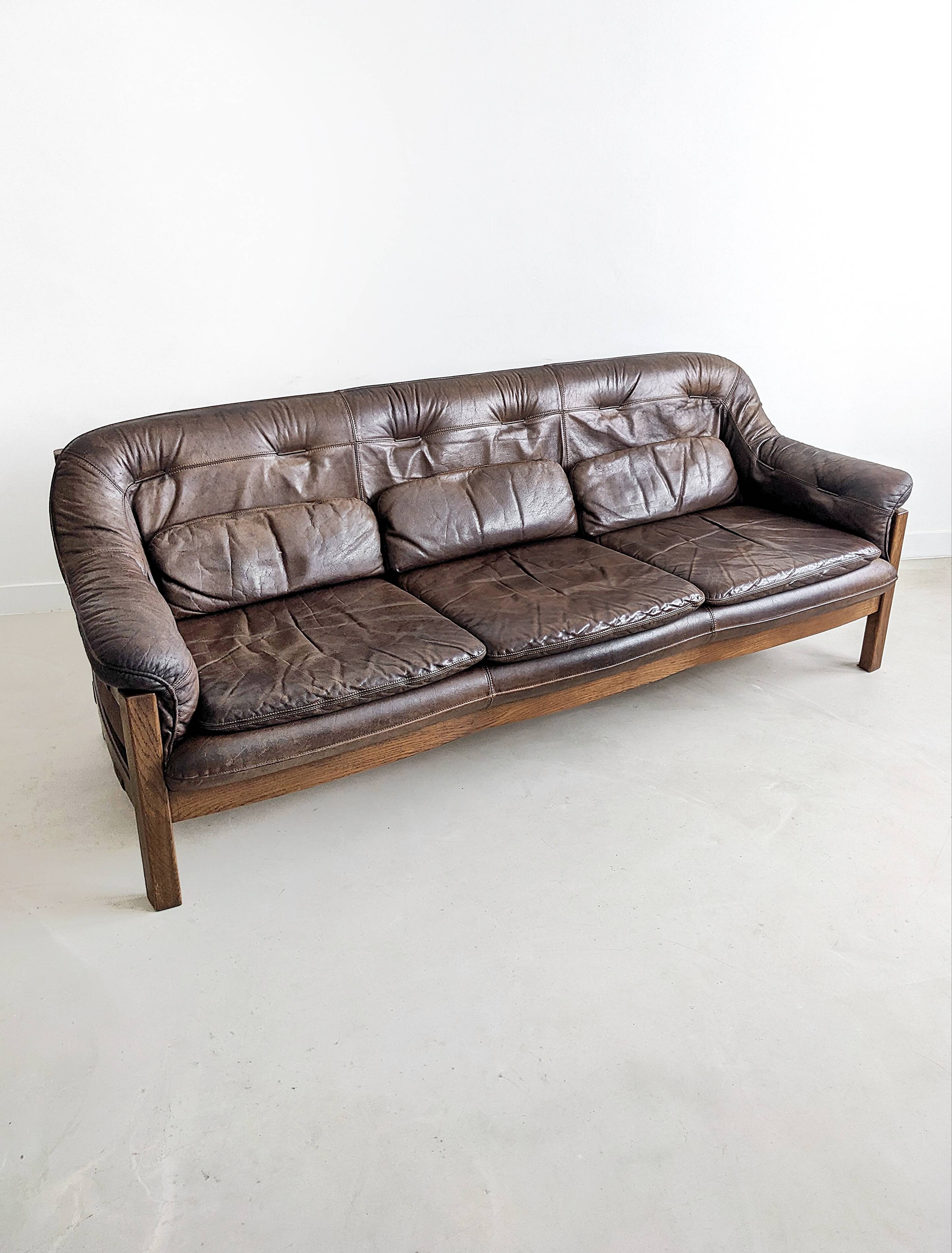 Brutalist Set of Leather Sofa & Loungechair by Hain & Thome 1970's