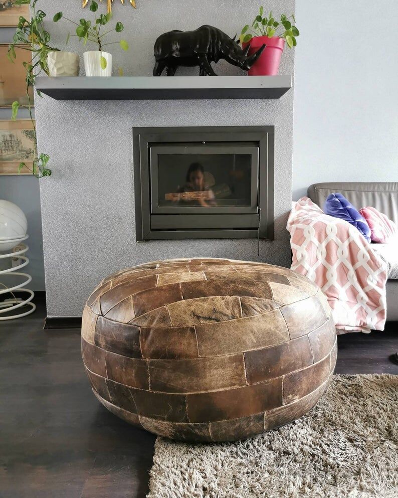 Vintage 70s leather pouf