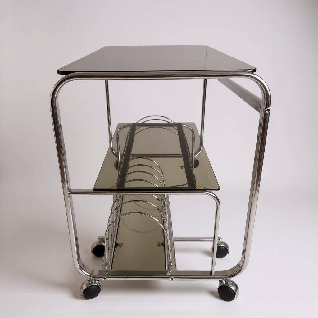 Vintage Space Age 1970s Coffee Table • Black Smoked Glass & Chrome • Magazine Rack