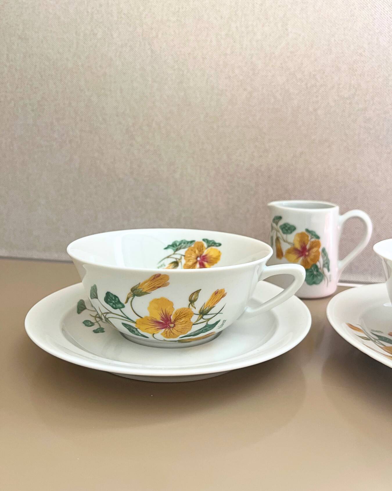 Vintage Pillivuyt Tea Set - 2 Cups, 2 Saucers & Milk Jug