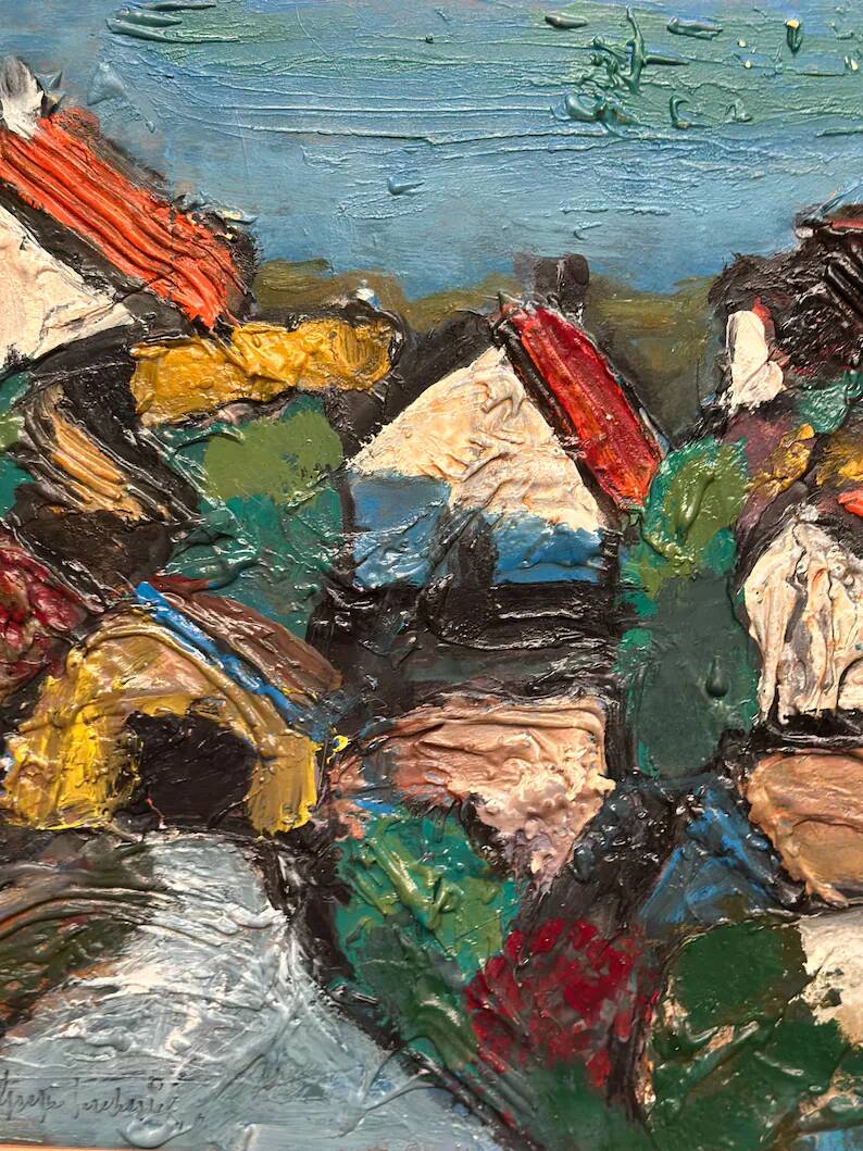 Original Swedish Oil on Panel – "Village Scene (Thick Impasto)" – Signed – Vintage and Framed