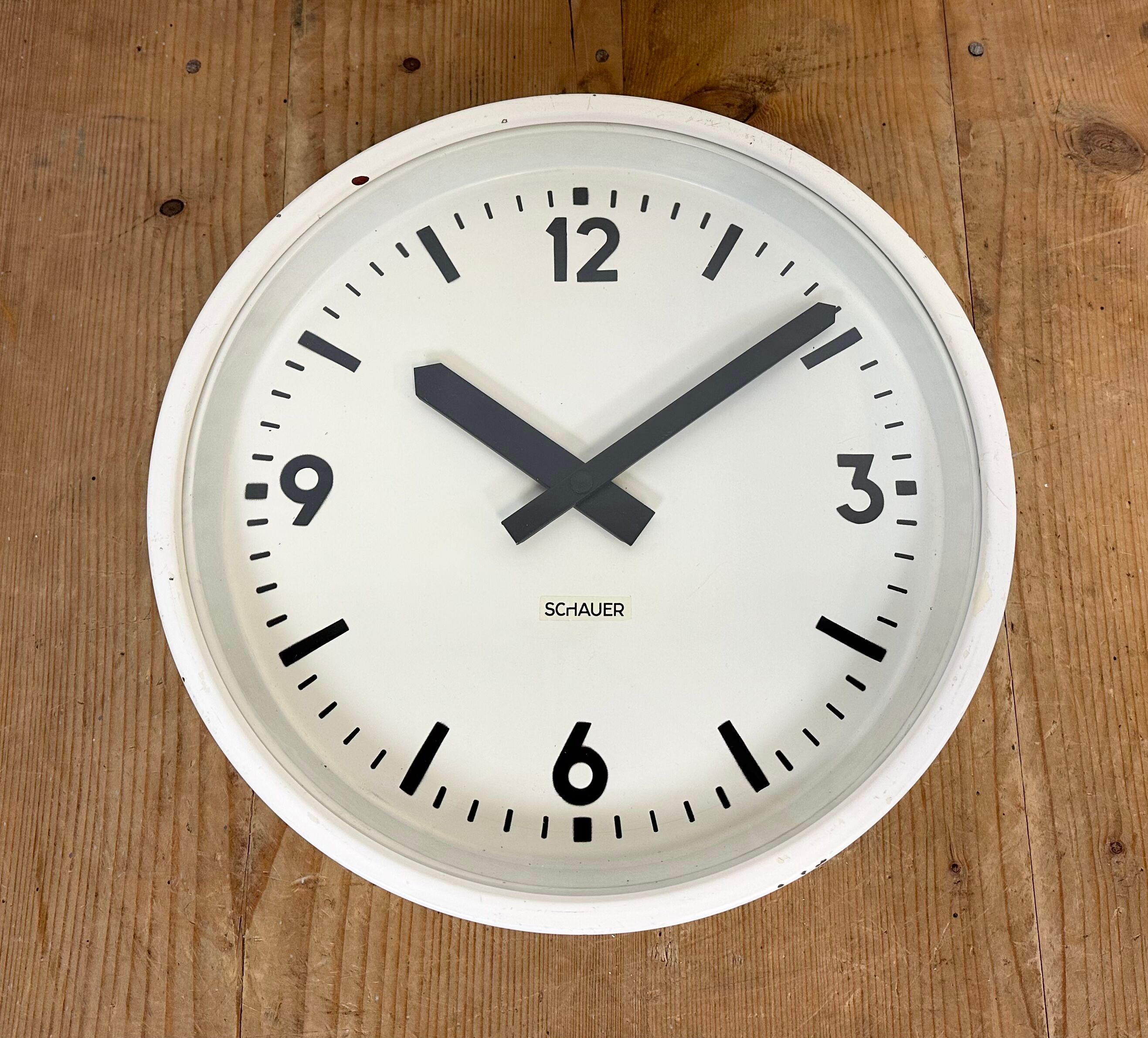 White industrial austrian factory wall clock from Schauer, 1960s