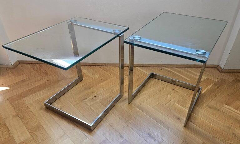 Pair of Midcentury Cantilevered Glass & Chrome Coffee Tables GEBRA, 1980s
