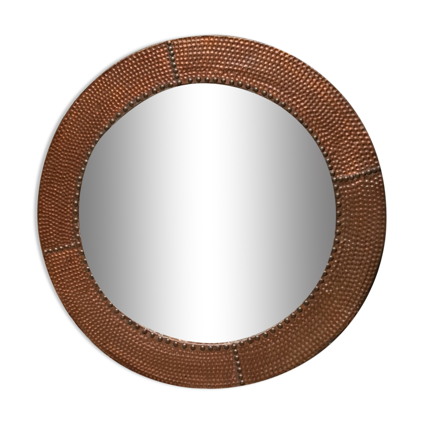 Mirror 1970 frame copper plate hammer and studded on wood 62x62 glass 45x45