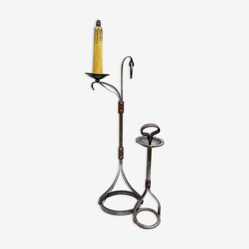 Set by J.P. Ryckaert floor lamp and ashtray in wrought iron and leather, France 1950