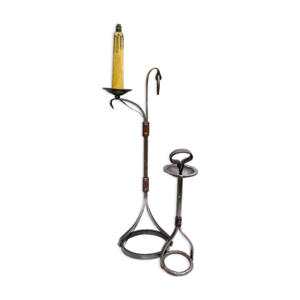 Set by J.P. Ryckaert floor lamp and ashtray in wrought iron and leather, France 1950