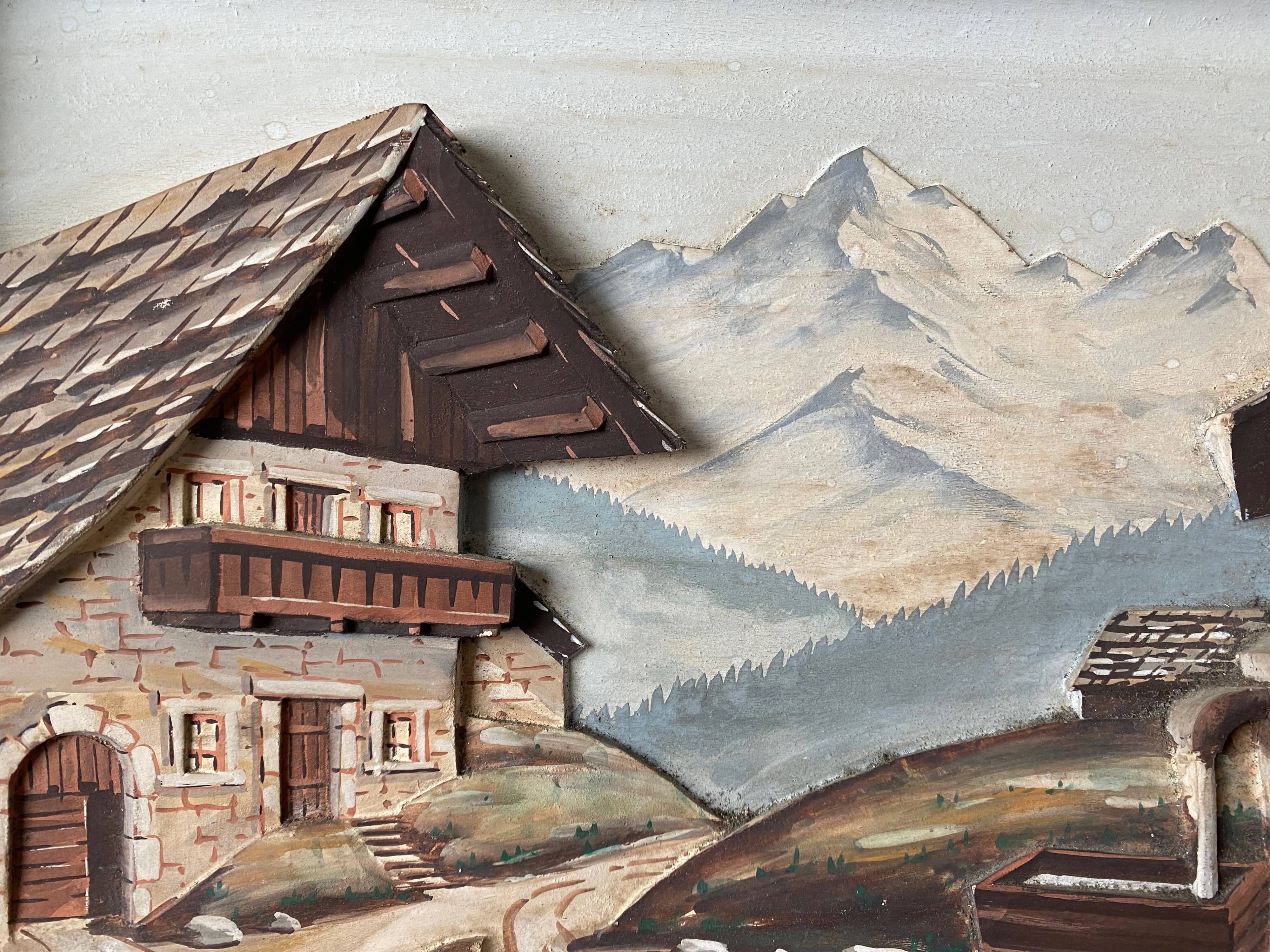 Painting hsp bas relief mountain snow chalet signed f. raugel circa 1950/60