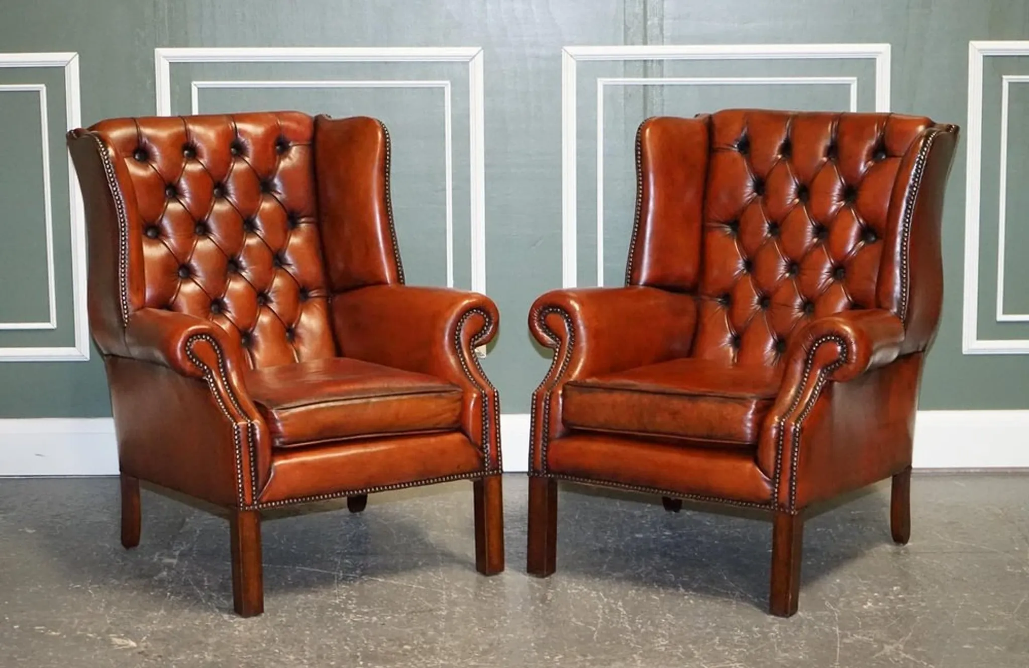 Brown Leather Hand-Dyed Wingback Chairs, Set of 2