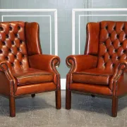Brown Leather Hand-Dyed Wingback Chairs, Set of 2
