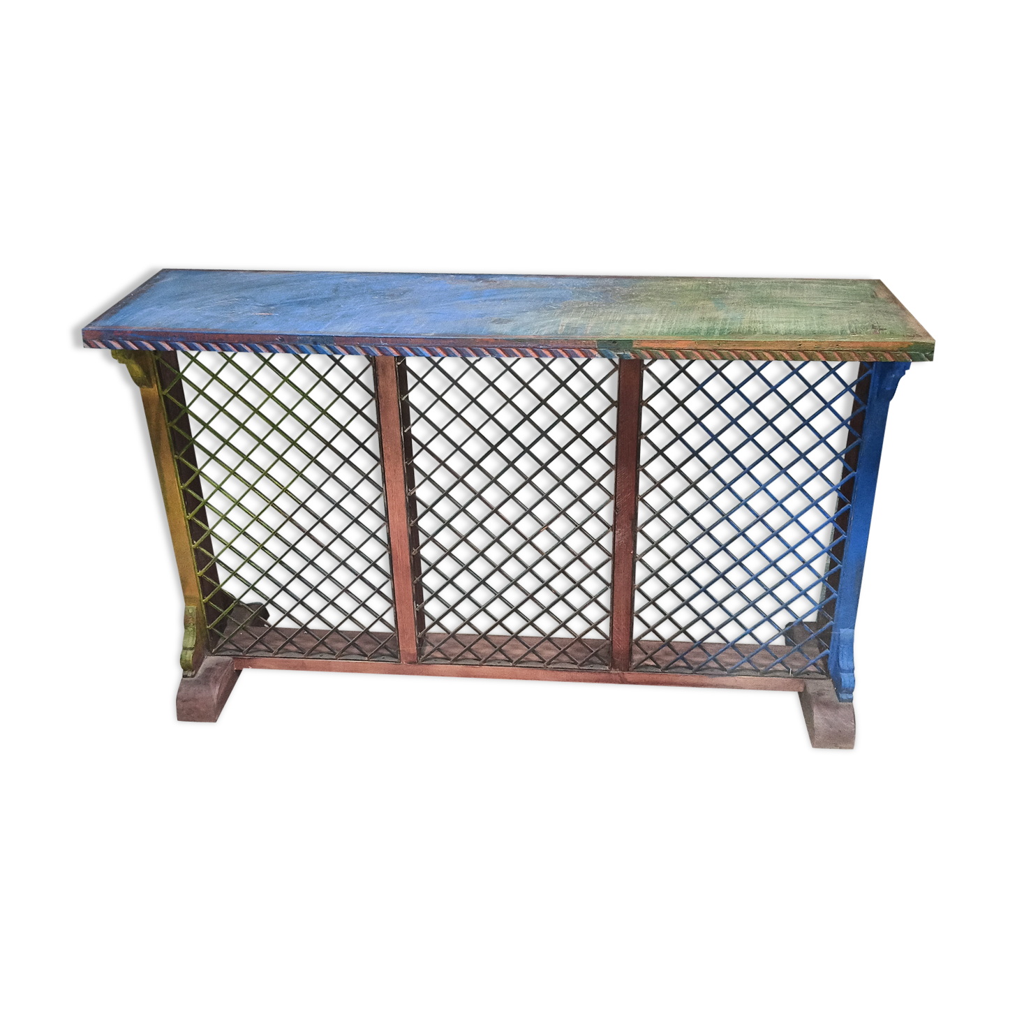 Colorful old standing eat with cast iron grill