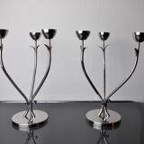 Pair of art deco candlesticks in stainless steel 3 flames and blue stones, Spain, 1970