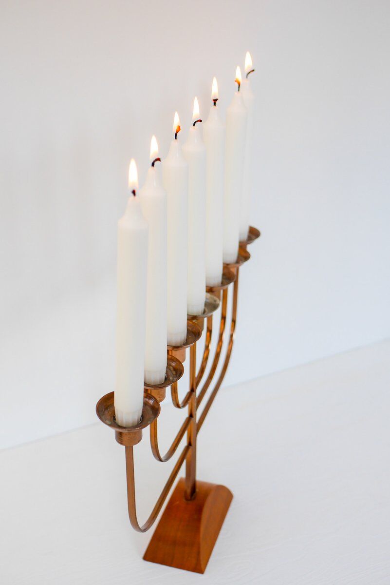 Large vintage brass and elm candelabra, 1940s