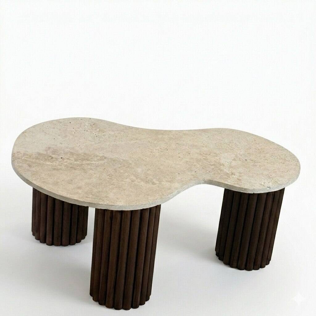 Table basse "poire"  travertin et bois cannelé | chêne foncé | 3 pieds