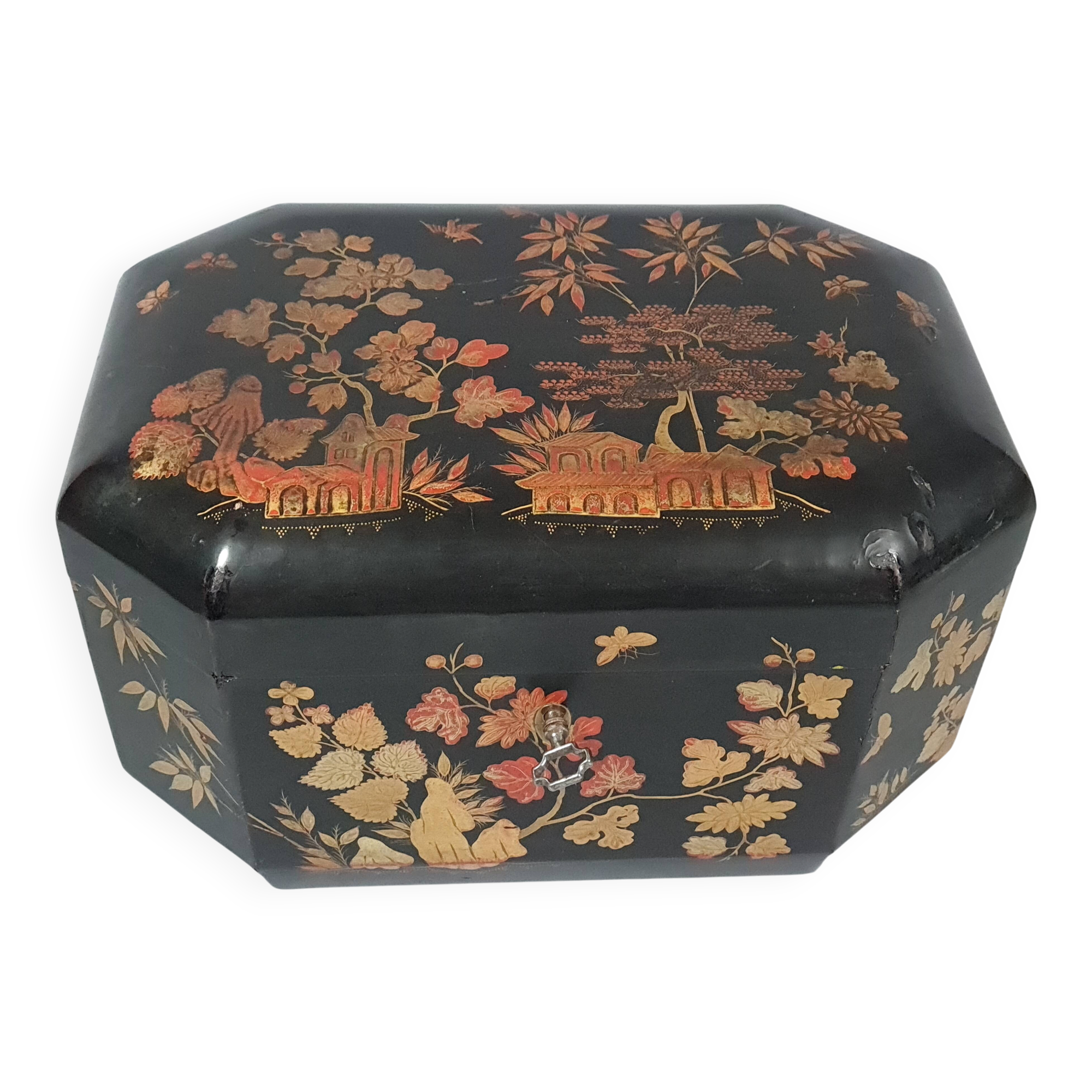 Ancient Japanese large lacquered wooden tea box with 2 tin compartments C99
