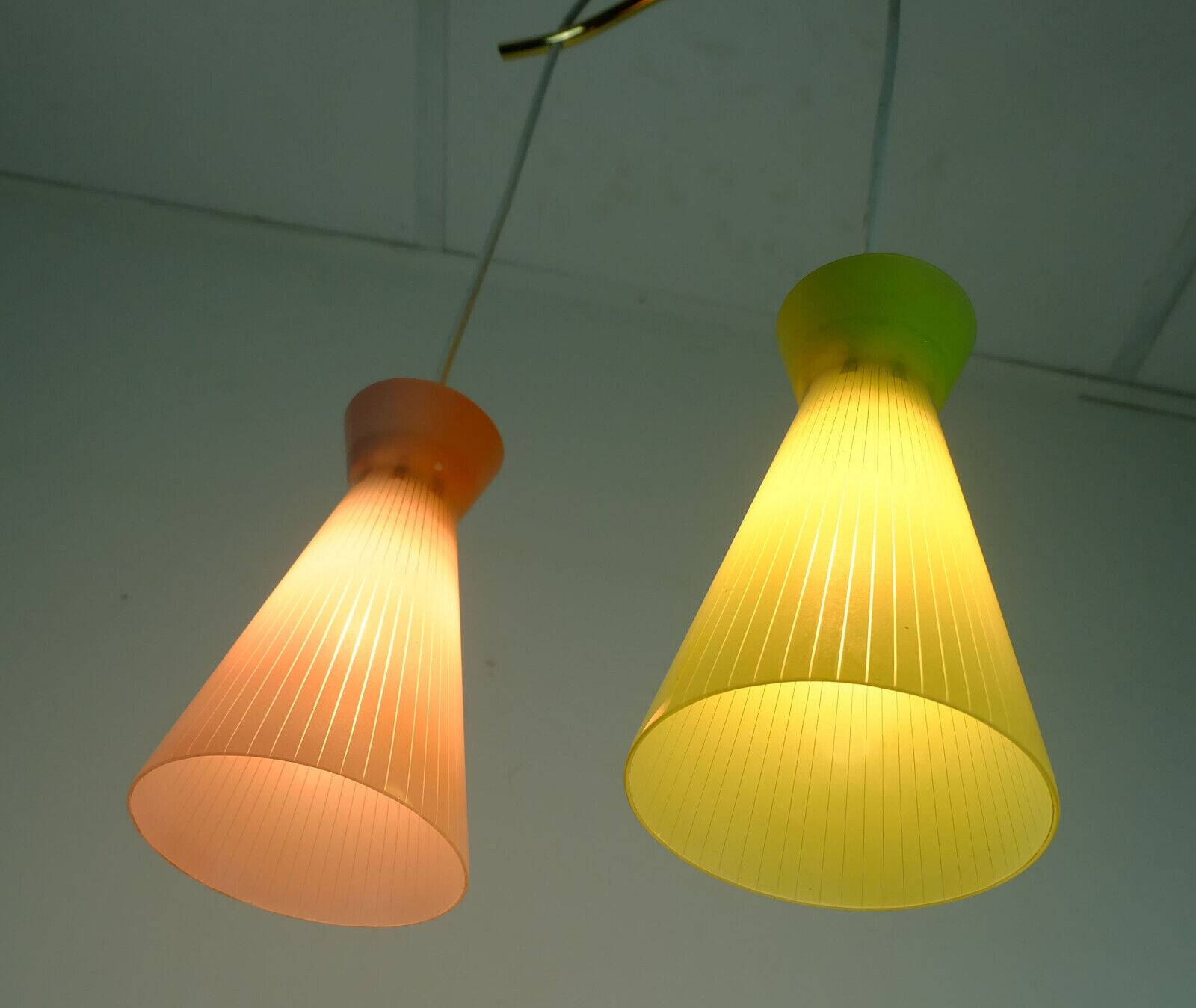 1950s mid century 2-light mid century pendant light glass shades and brass