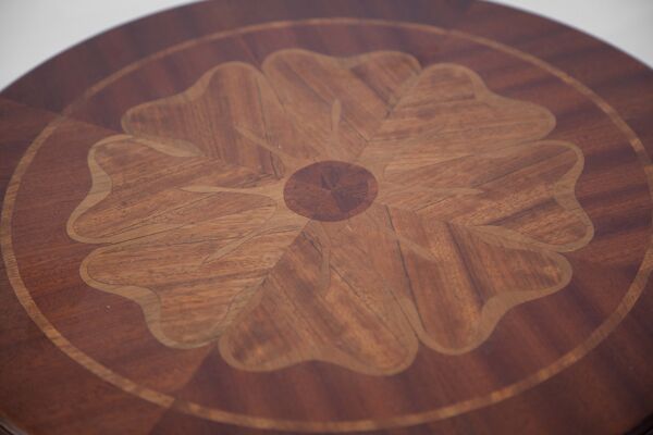 table guéridon vintage marqueterie en bois plateau rond, meuble, coffee table