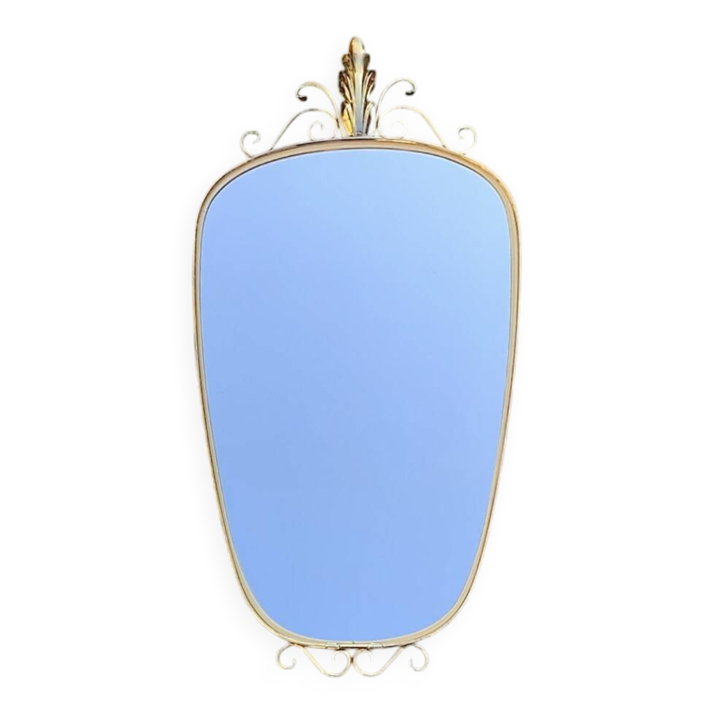 ANCIEN MIROIR MURAL VINTAGE DESIGN 70 DECO retro METAL DORE ET VERRE
