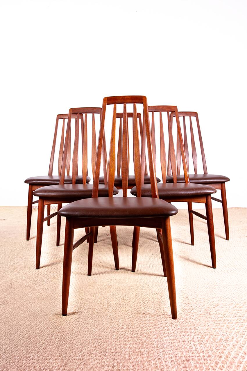 6 Danish chairs in teak and new leather, model "Eva" by Niels Koefoed.