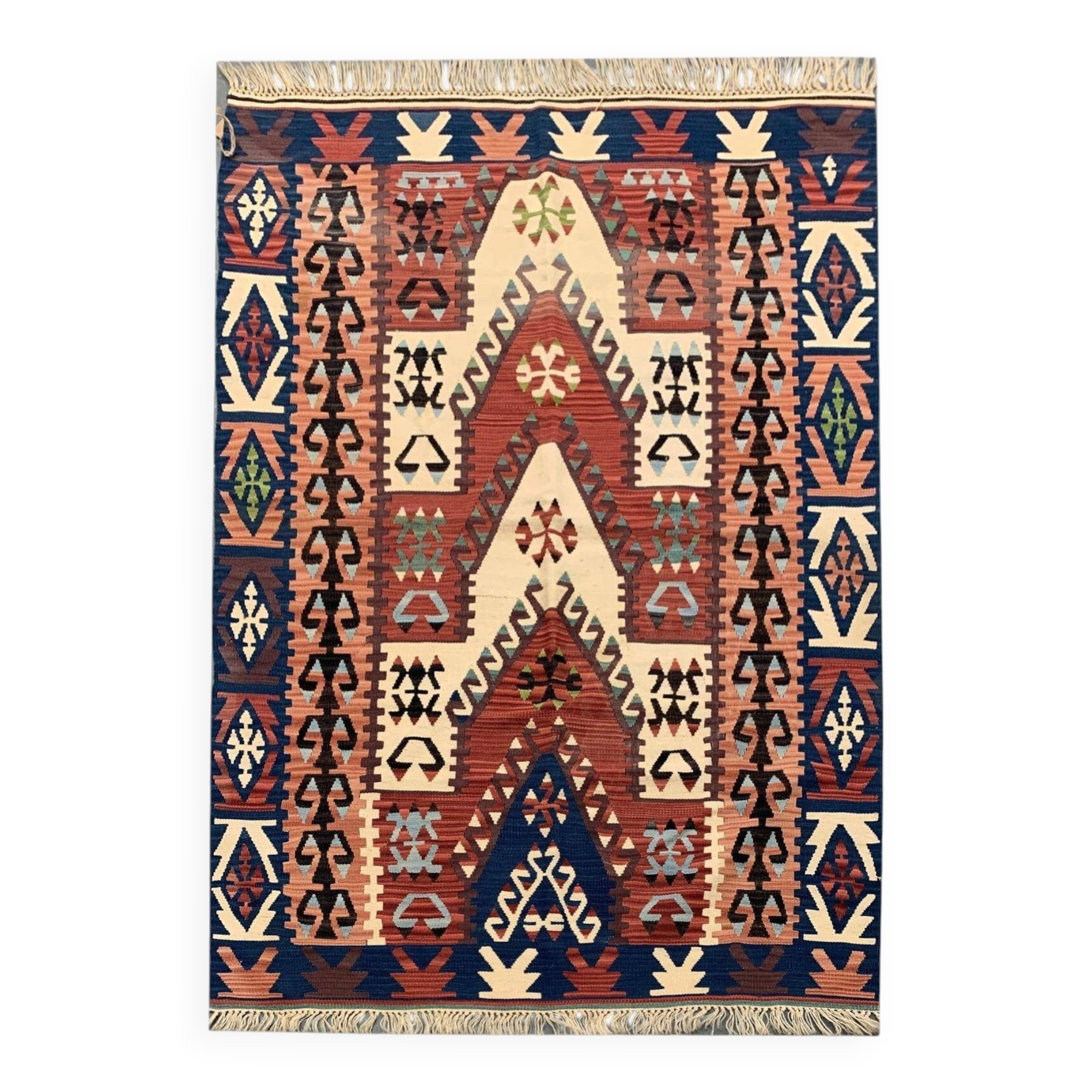 Antique Turkish Mihrabi Kilim Rug, Anatolian Geometric Rustic Carpet