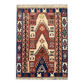 Antique Turkish Mihrabi Kilim Rug, Anatolian Geometric Rustic Carpet