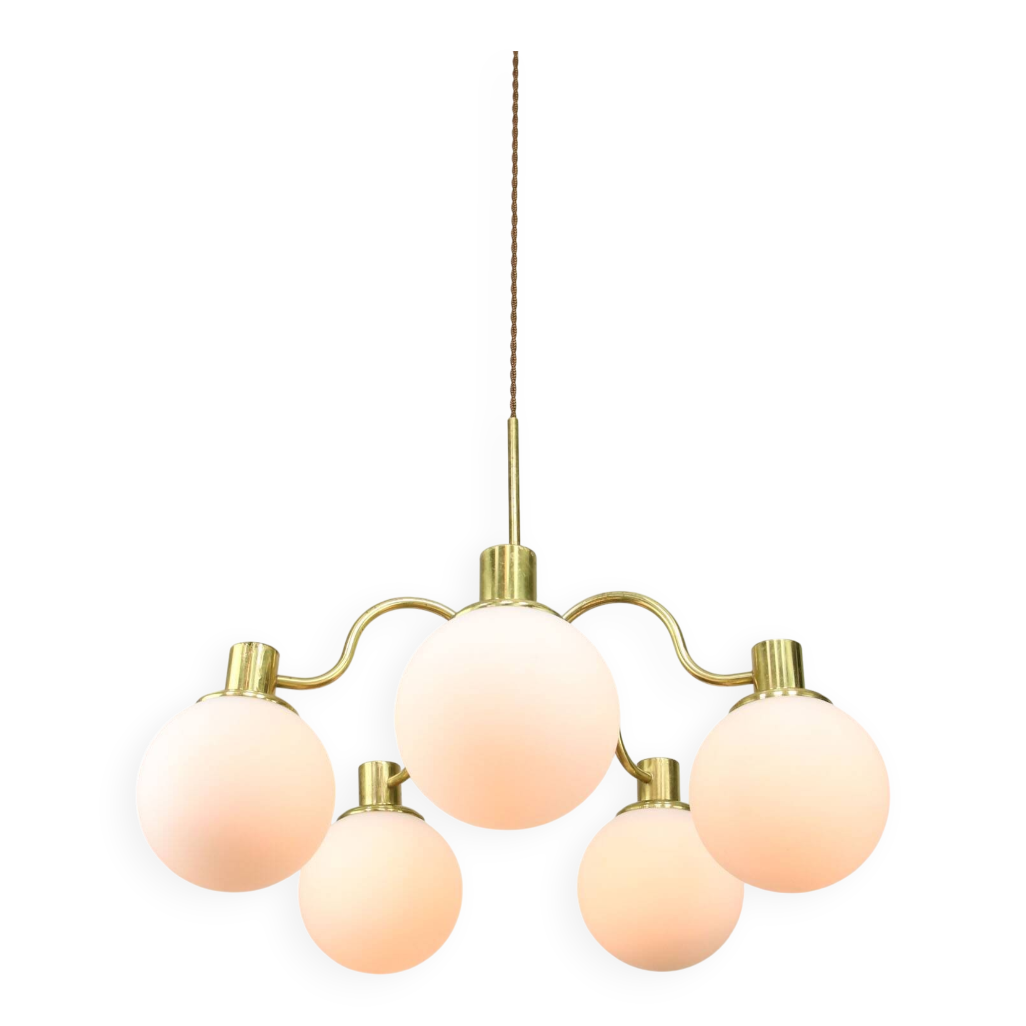 Italian Mid century Modern Chandelier in Brass and Opaline Glass, 1960s