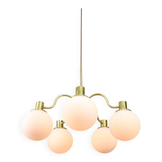 Italian Mid century Modern Chandelier in Brass and Opaline Glass, 1960s