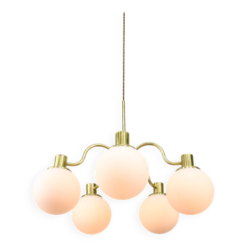 Italian Mid century Modern Chandelier in Brass and Opaline Glass, 1960s