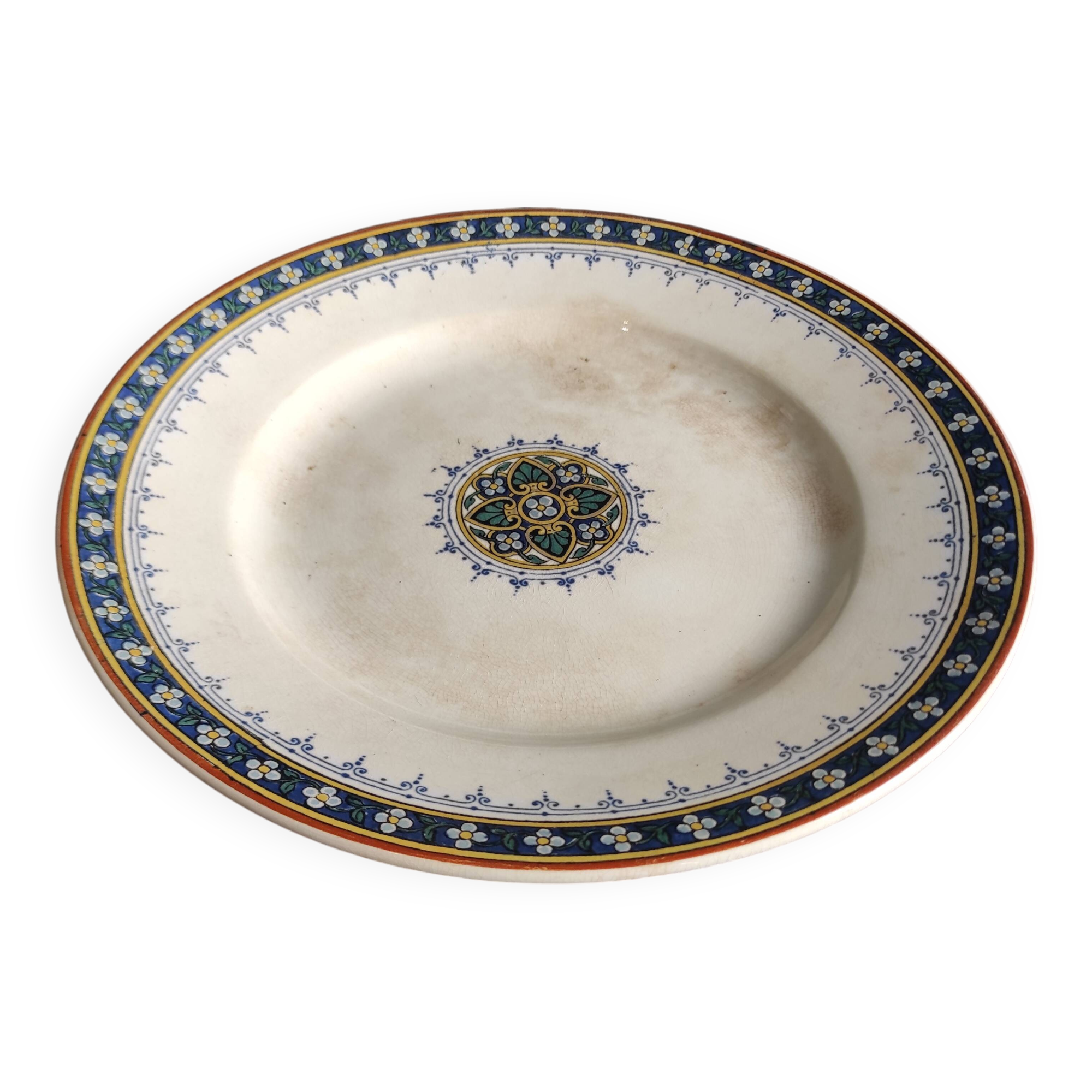 French vintage cake plate or cake stand for desserts or fruit, Sarreguemines, mod. Myosotis