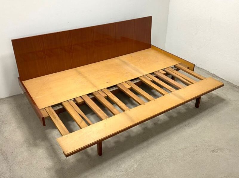 Beech sofa bed & red fabric by Drevotar Czech vintage 1960s