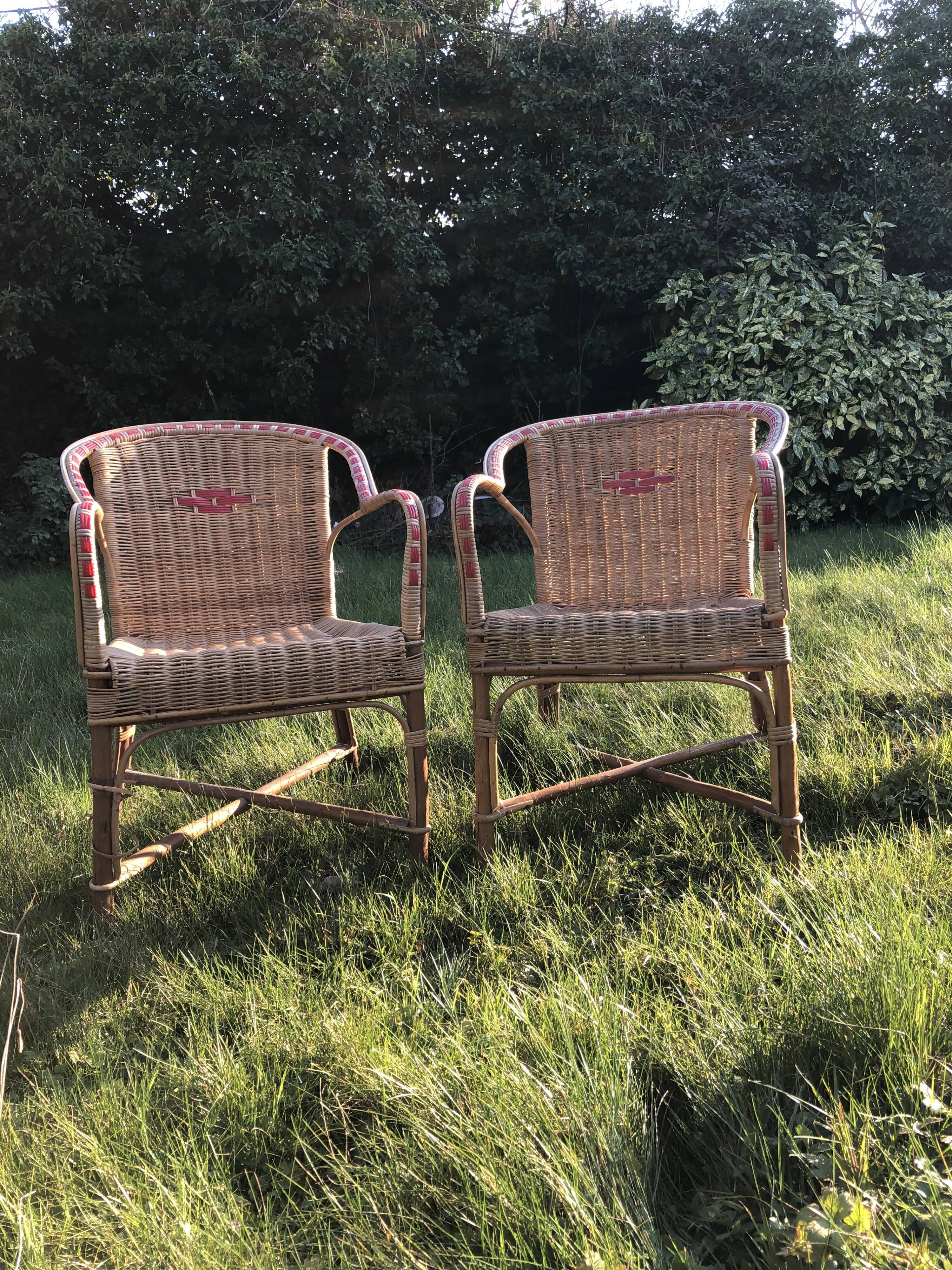 Rattan garden armchairs and coffee table