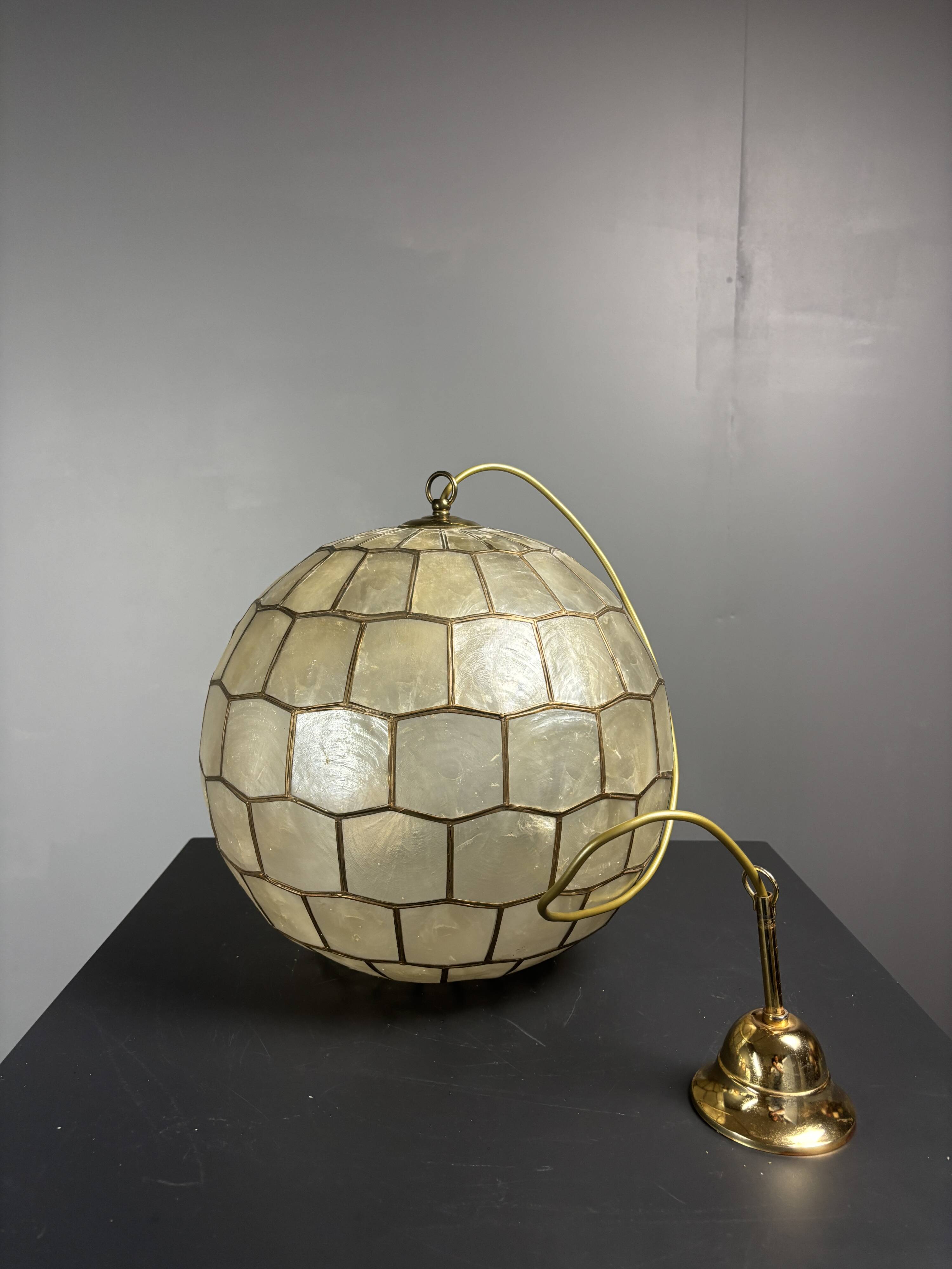 Midcentury mother of pearl Capiz shell & brass sphere large pendant, 1960s