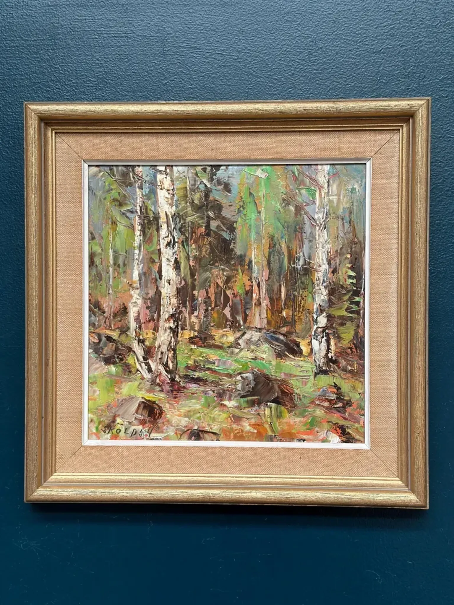 Original Swedish Oil on Canvas – “Birch Forest” by John Sköld – Signed – Dated 1954 – Framed – 40 × 40 cm