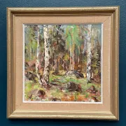 Original Swedish Oil on Canvas – “Birch Forest” by John Sköld – Signed – Dated 1954 – Framed – 40 × 40 cm