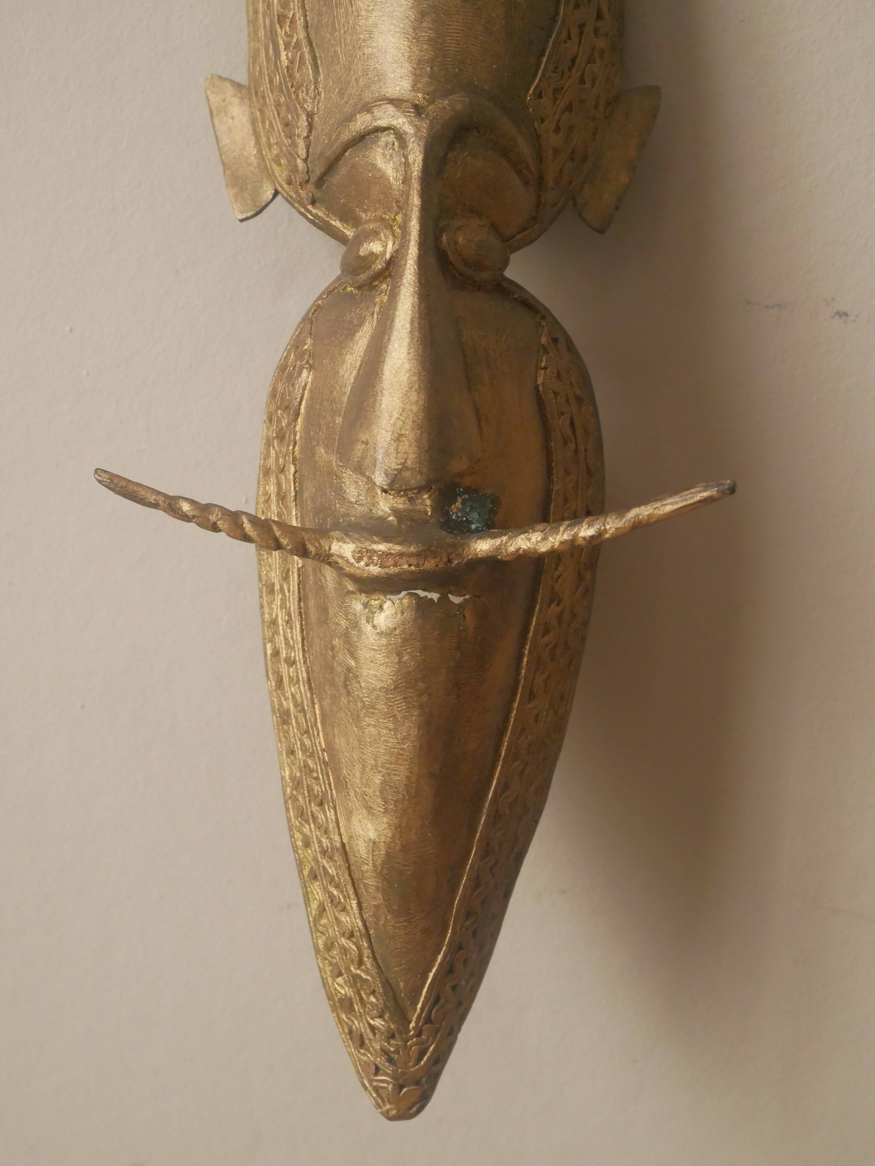 Brass mask tribal ethnic wall decoration object vintage African art handmade sculpture