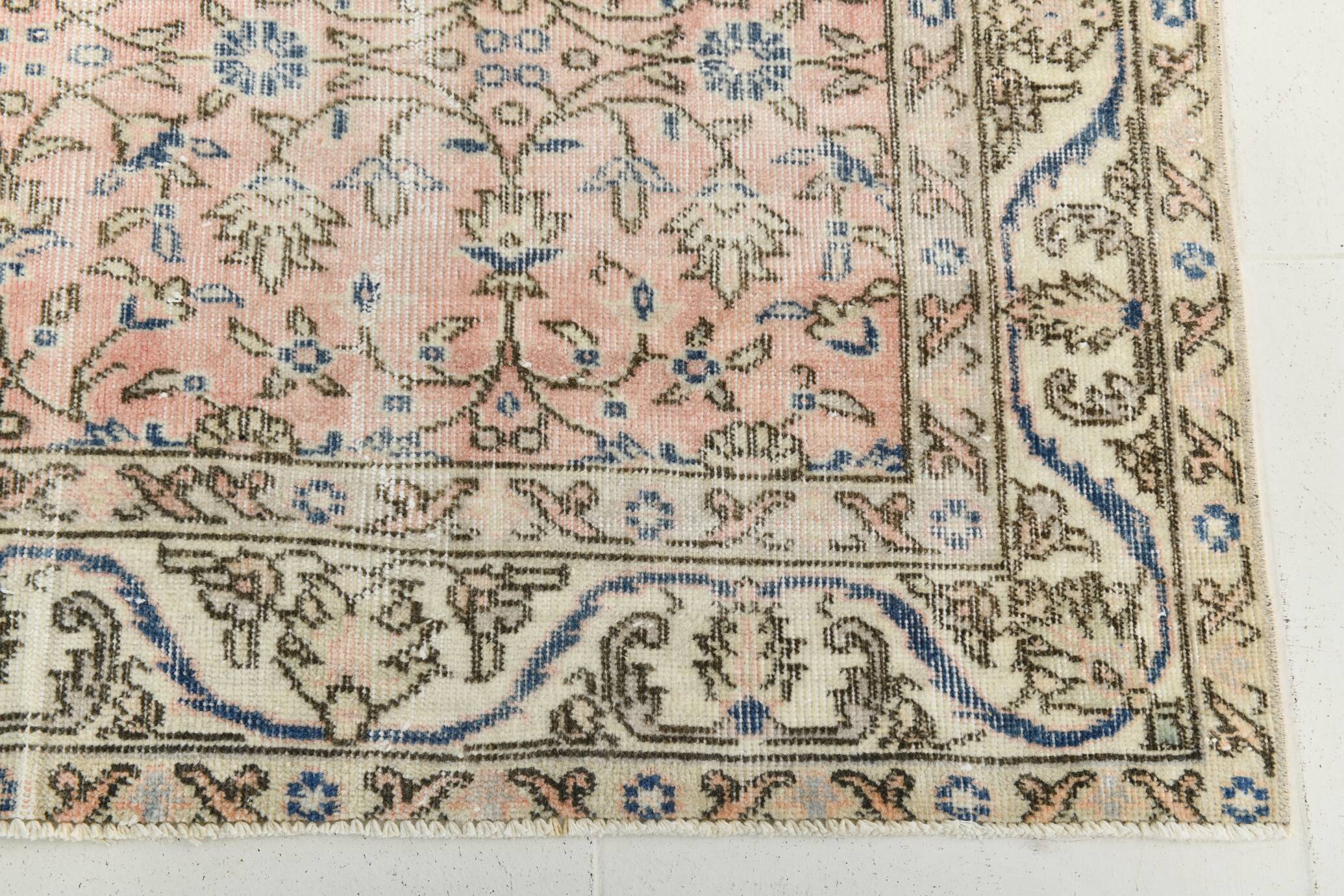 Light Pink & Blue Floral Turkish Vintage Rug, 155x248Cm