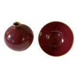 Raspberry-colored ceramic soliflore vase and bowl, enhanced with gilding, Arabia, Finland