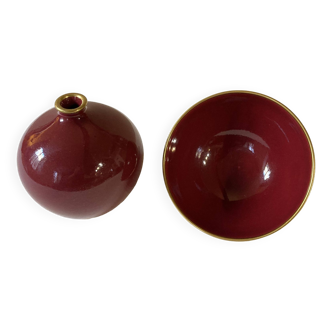 Raspberry-colored ceramic soliflore vase and bowl, enhanced with gilding, Arabia, Finland