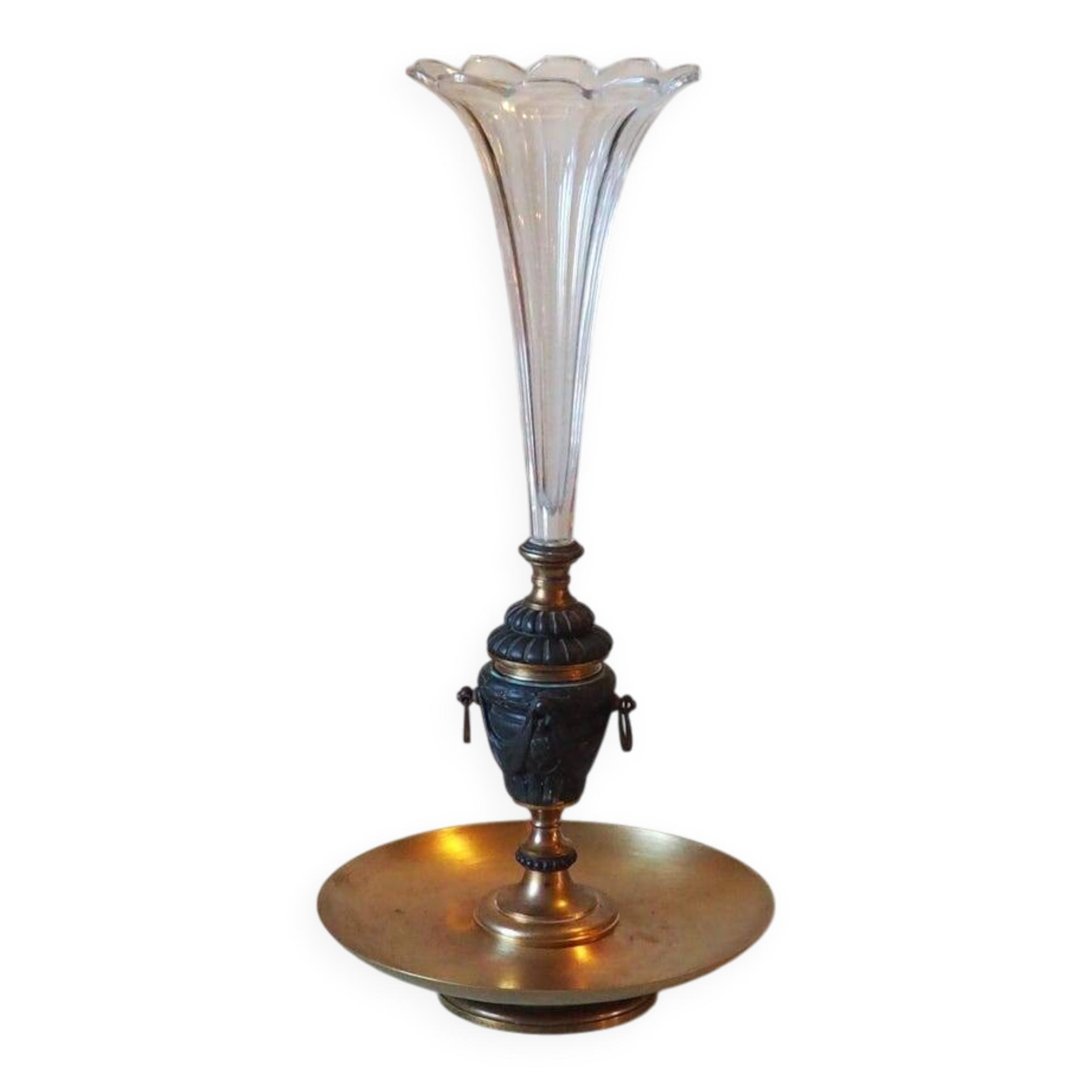 French antique crystal bronze and brass cornet soliflore vase from the early 1920s.