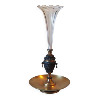 French antique crystal bronze and brass cornet soliflore vase from the early 1920s.